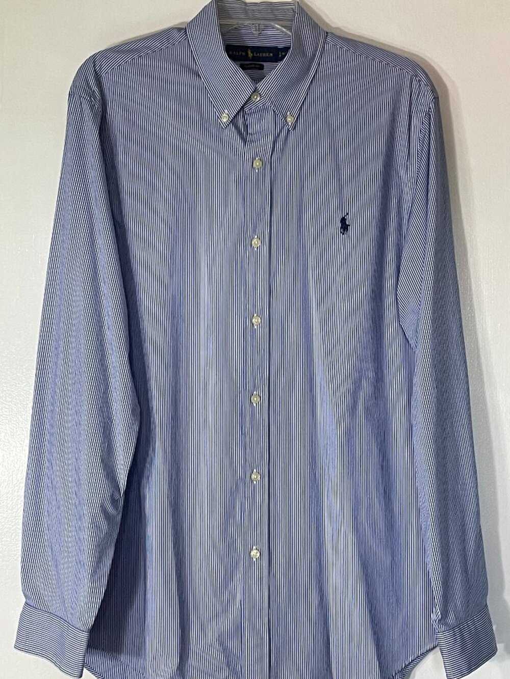 Ralph Lauren Men’s Blue White Striped Dress Shirt L 16.5 Classic Fit Cotton Blnd